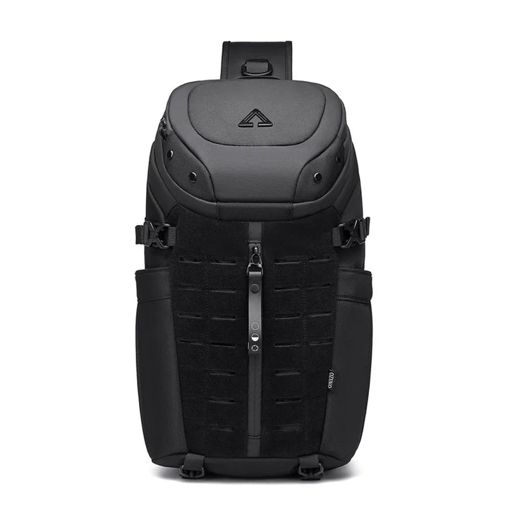 Mochila sling unissex preta, antifurto, impermeável, com porta USB. Perfeita para segurança e conforto no dia a dia.