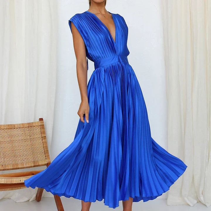 Vestido midi feminino, elegante e sem mangas, para ocasiões especiais e conforto no verão.