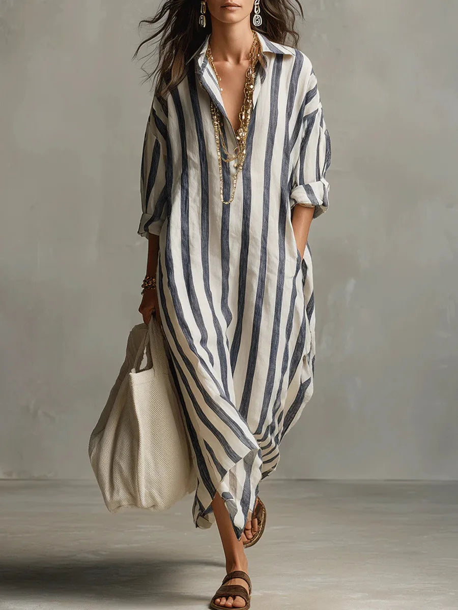 Vestido camisero longo feminino para o verão, com decote V e manga 3/4. Estilo casual chic e descontraído.