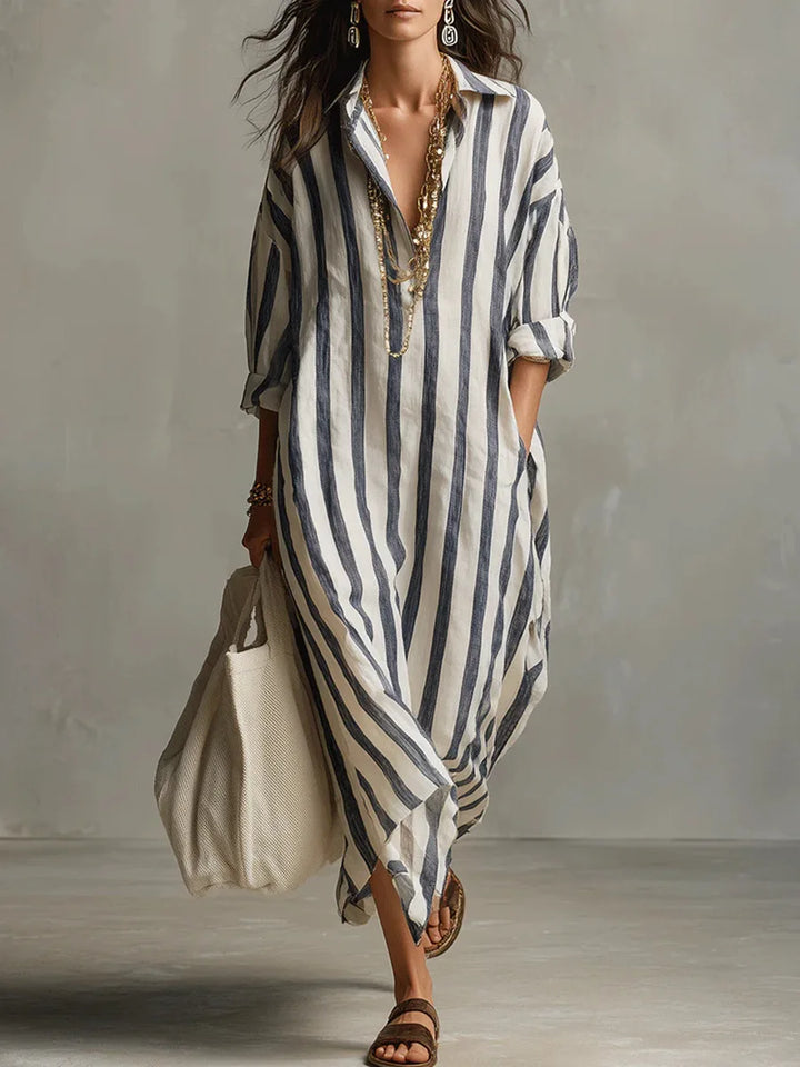 Vestido camisero longo feminino para o verão, com decote V e manga 3/4. Estilo casual chic e descontraído.