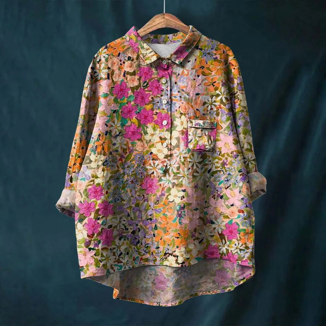 Moda feminina: Blusa floral boho, estampa vibrante, manga longa. Camisa solta e versátil para o verão. (PT)