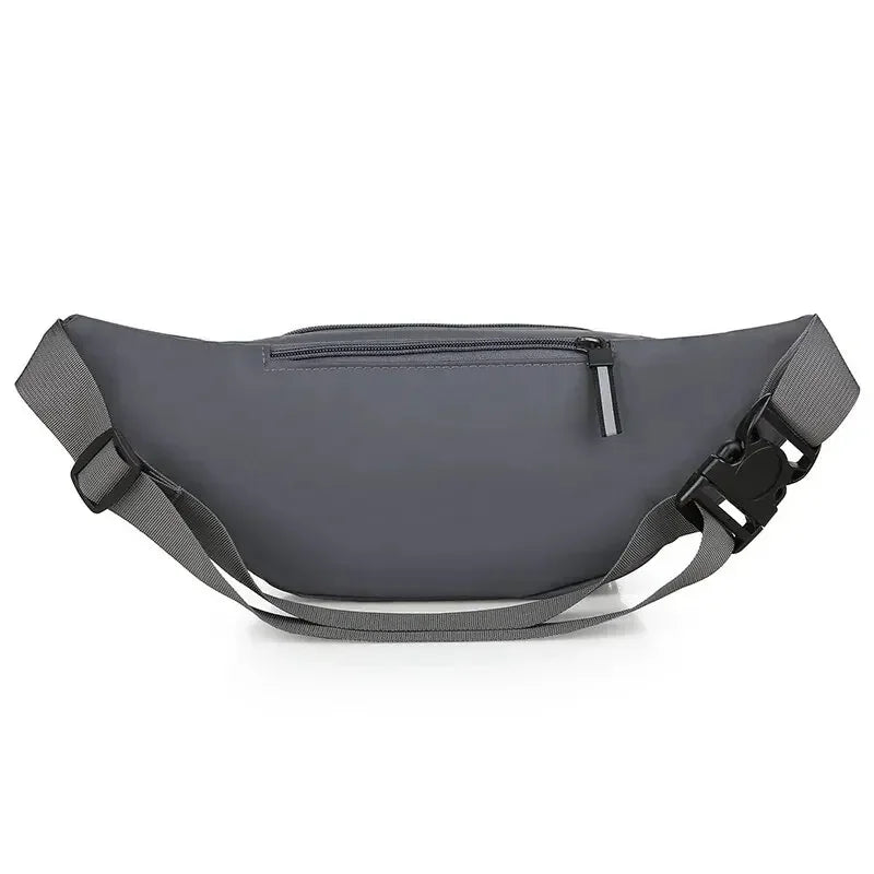 Detalhe: bolsa de cintura masculina antifurto de canvas, textura resistente e perfil ultrafino.