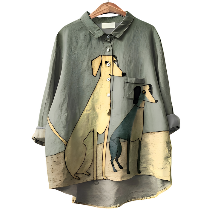 Blusa feminina versátil manga longa, com design moderno e estampa de cachorro. Perfeita para looks de outono inverno.