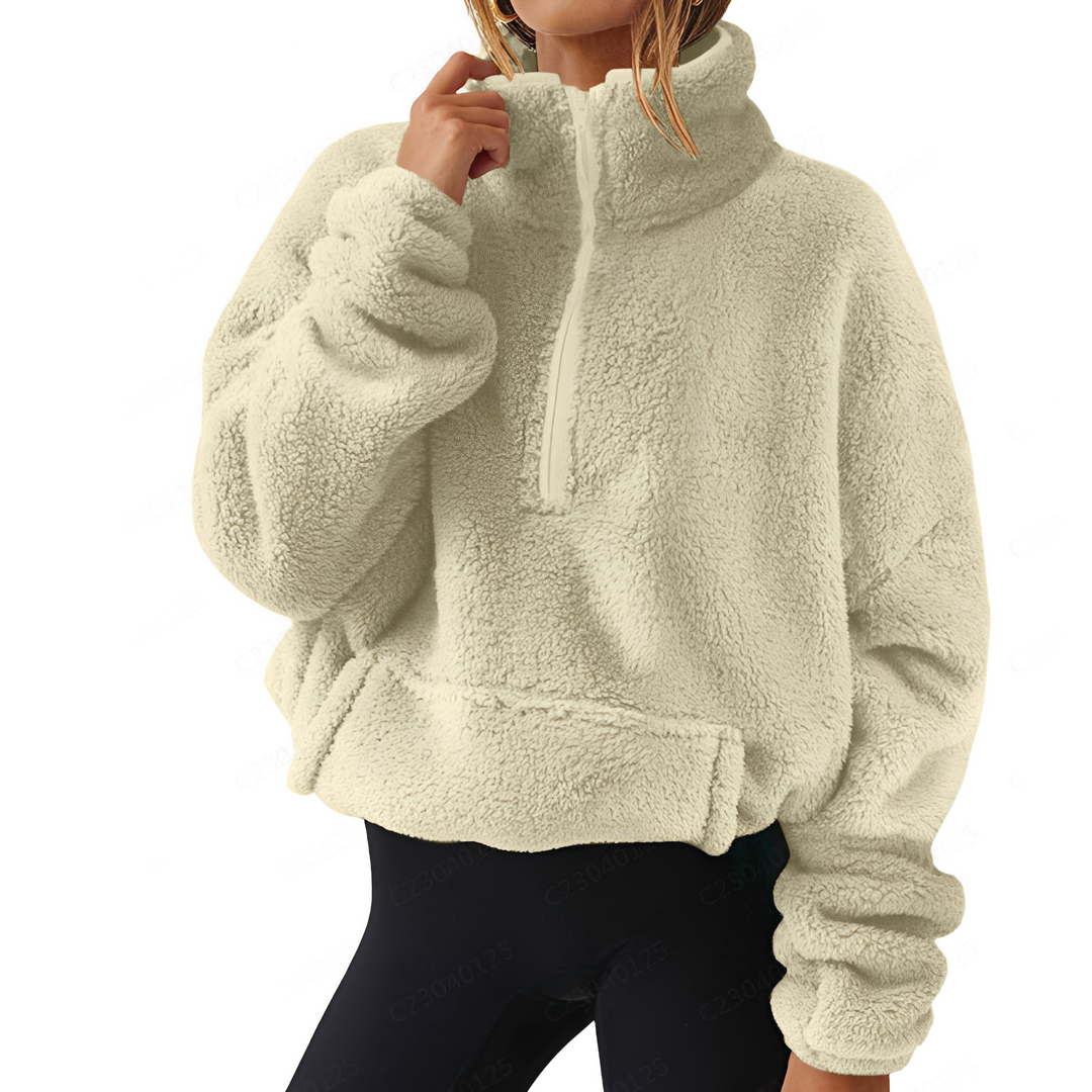 Suéter feminino quente de inverno com meio fecho, ideal para conforto e estilo casual.