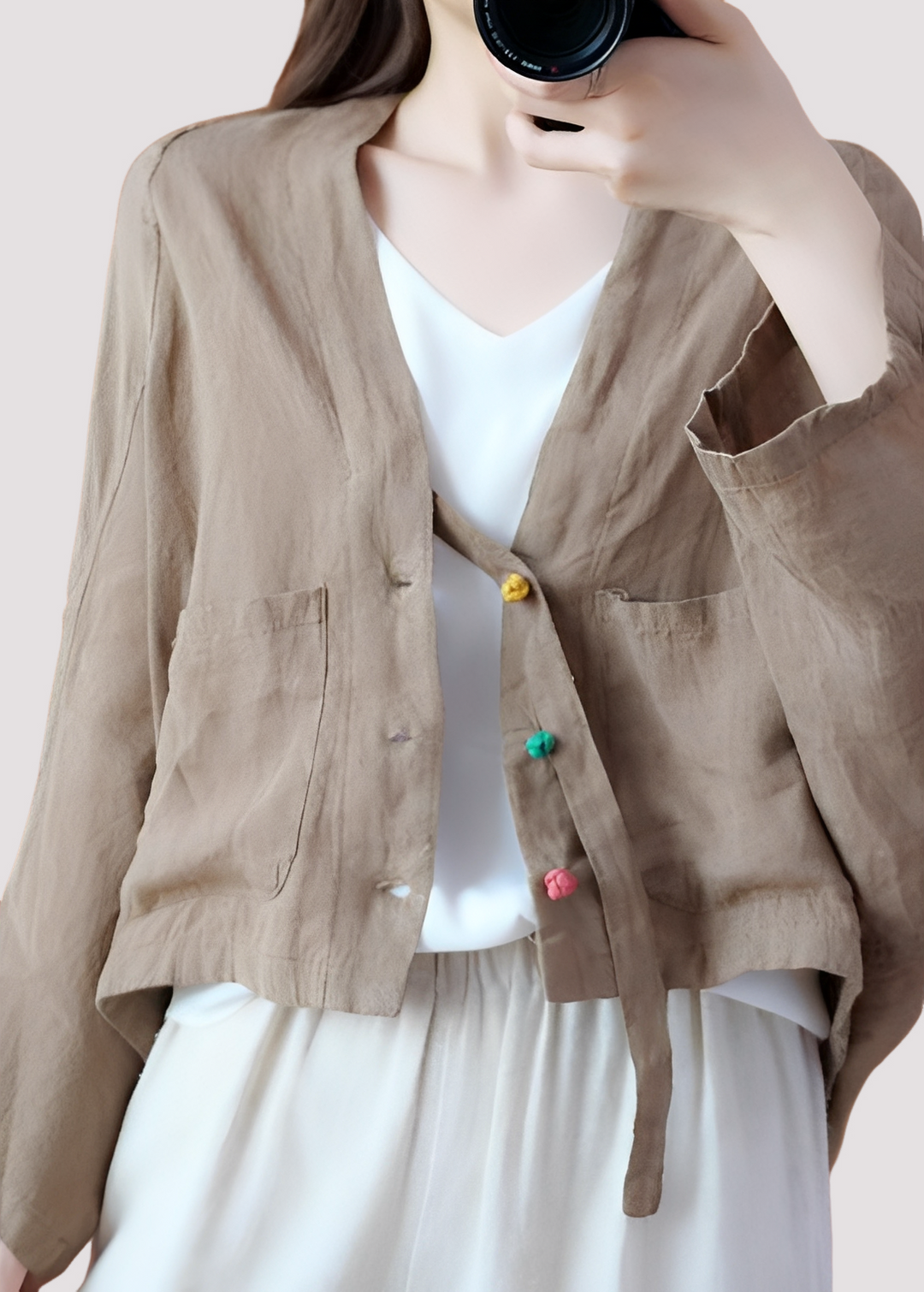 Cardigã feminino casual para outono e primavera. Folgado, com bolsos práticos e mangas morcego estilosas.