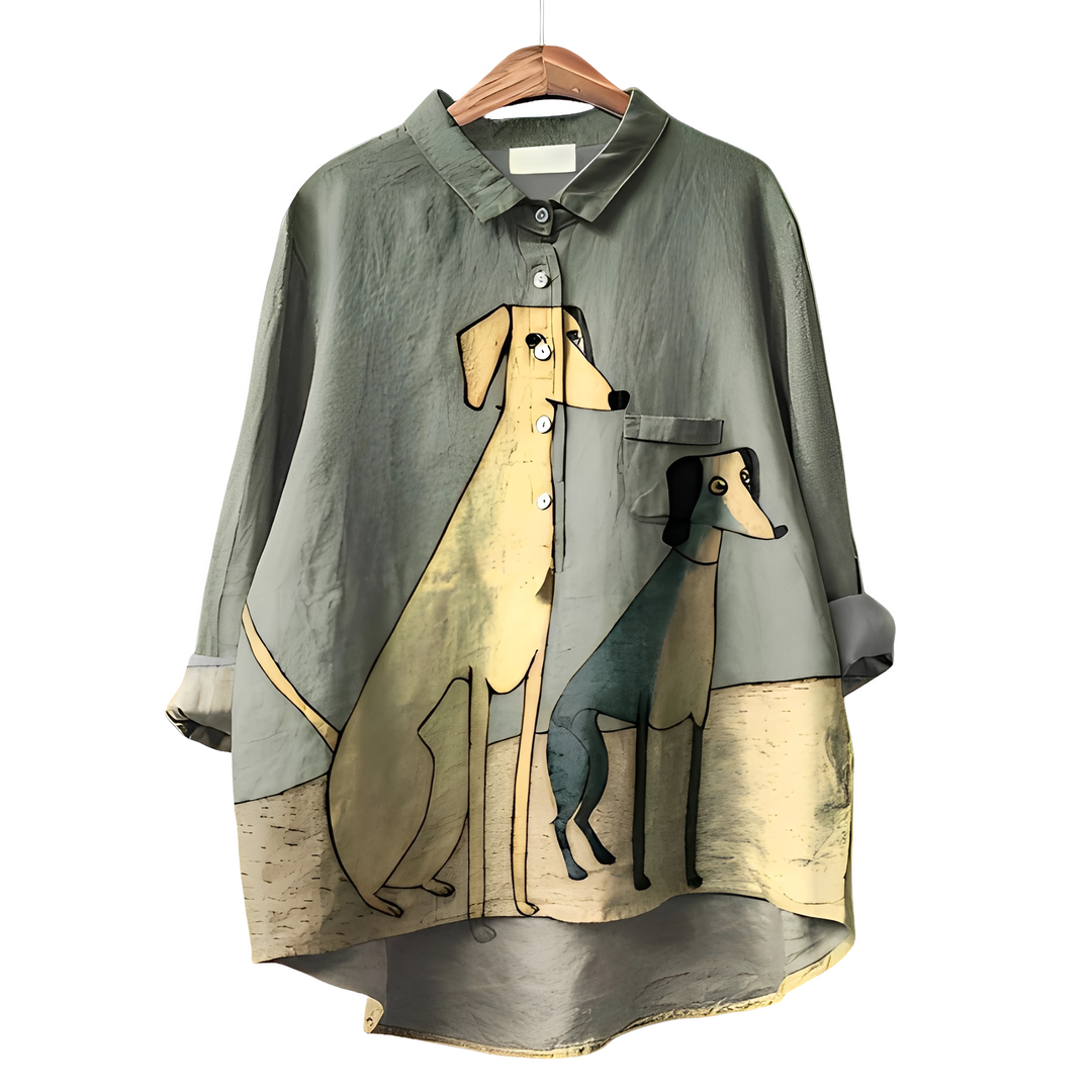 Blusa feminina outono inverno de manga longa com estampa exclusiva de cachorro. Estilo e aconchego garantidos.