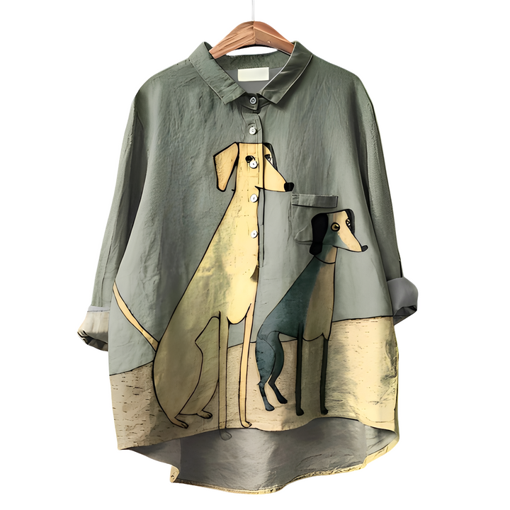 Blusa feminina outono inverno de manga longa com estampa exclusiva de cachorro. Estilo e aconchego garantidos.