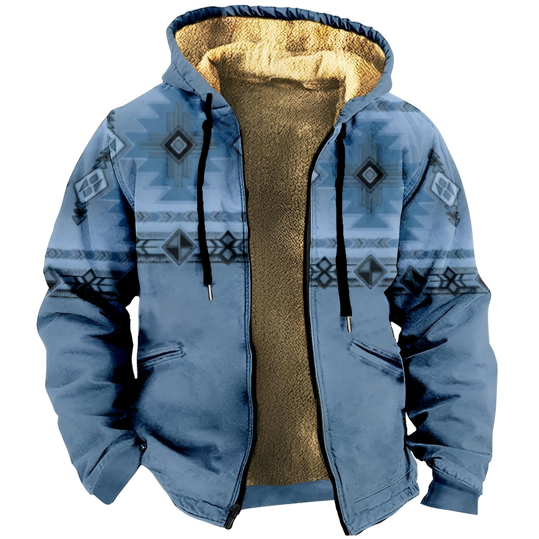 Moletom masculino com capuz e padrão étnico, ideal para inverno e outono. Agasalho quente e estiloso.
