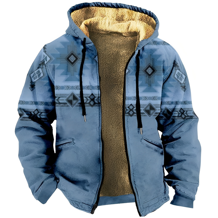 Moletom masculino com capuz e padrão étnico, ideal para inverno e outono. Agasalho quente e estiloso.