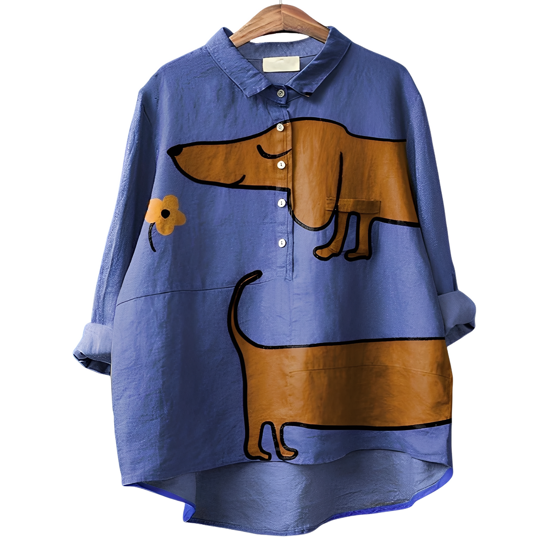 Blusa de manga longa feminina com estampa de cachorro, combinando moda casual, estilo e conforto para o dia a dia.