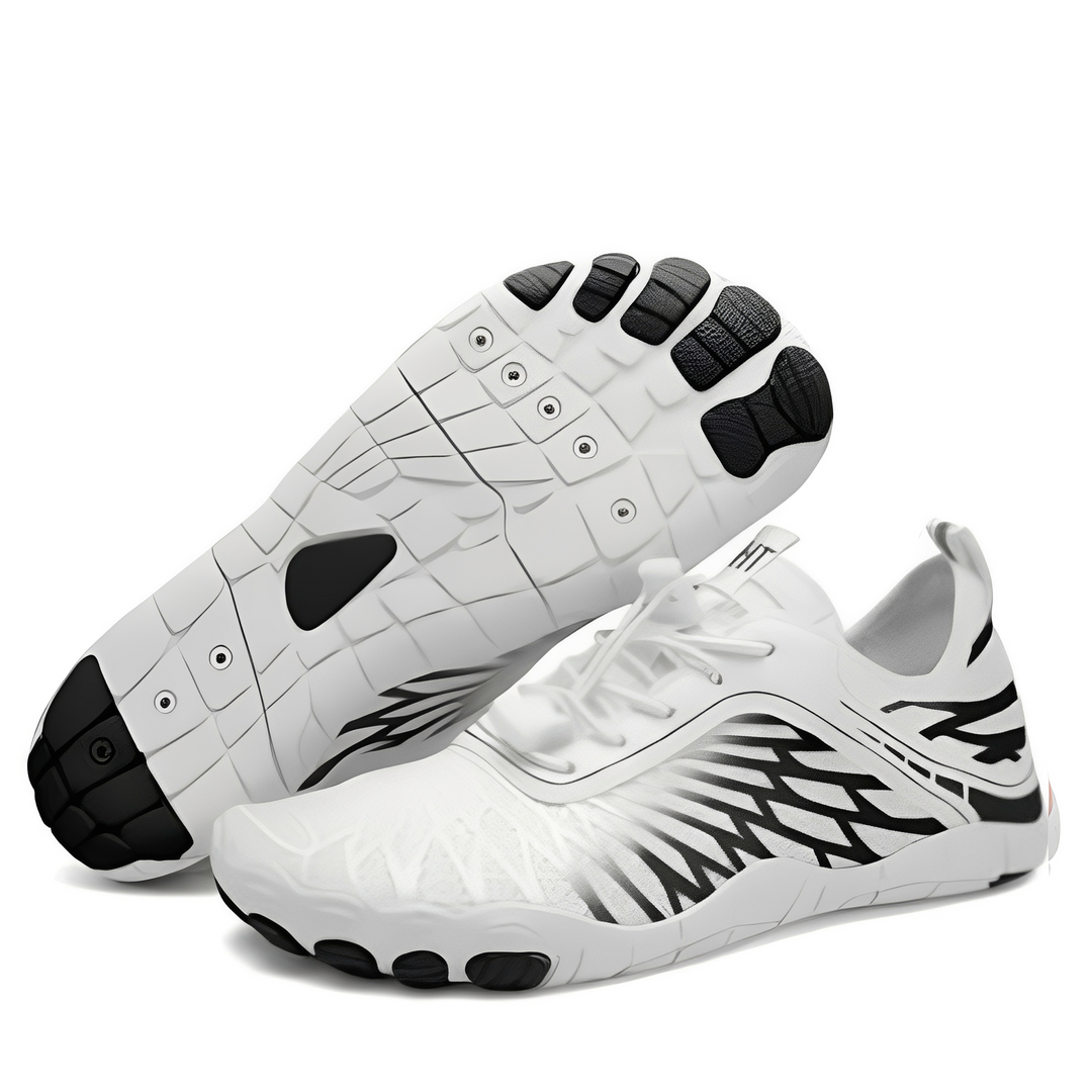 Sapatos descalços masculinos com sola aderente, ideais para desporto e ar livre, oferecendo segurança e conforto.