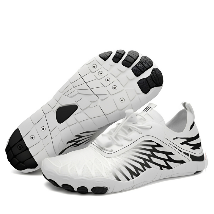 Sapatos descalços masculinos com sola aderente, ideais para desporto e ar livre, oferecendo segurança e conforto.
