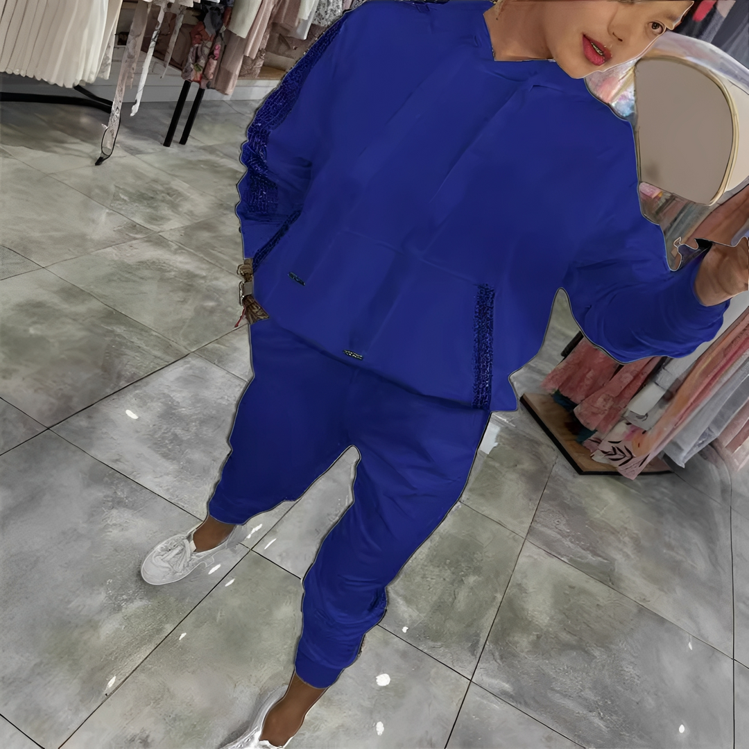 Moda feminina: conjunto coordenado de moletom e calça. Roupa de lazer moderna para o conforto diário na primavera/outono.