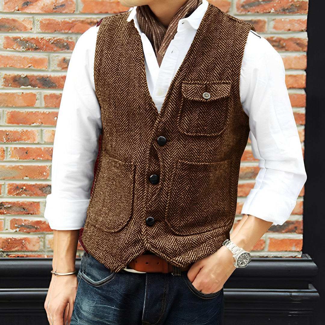 Colete masculino elegante de tweed cinza, estilo clássico, perfeito para social e casual.