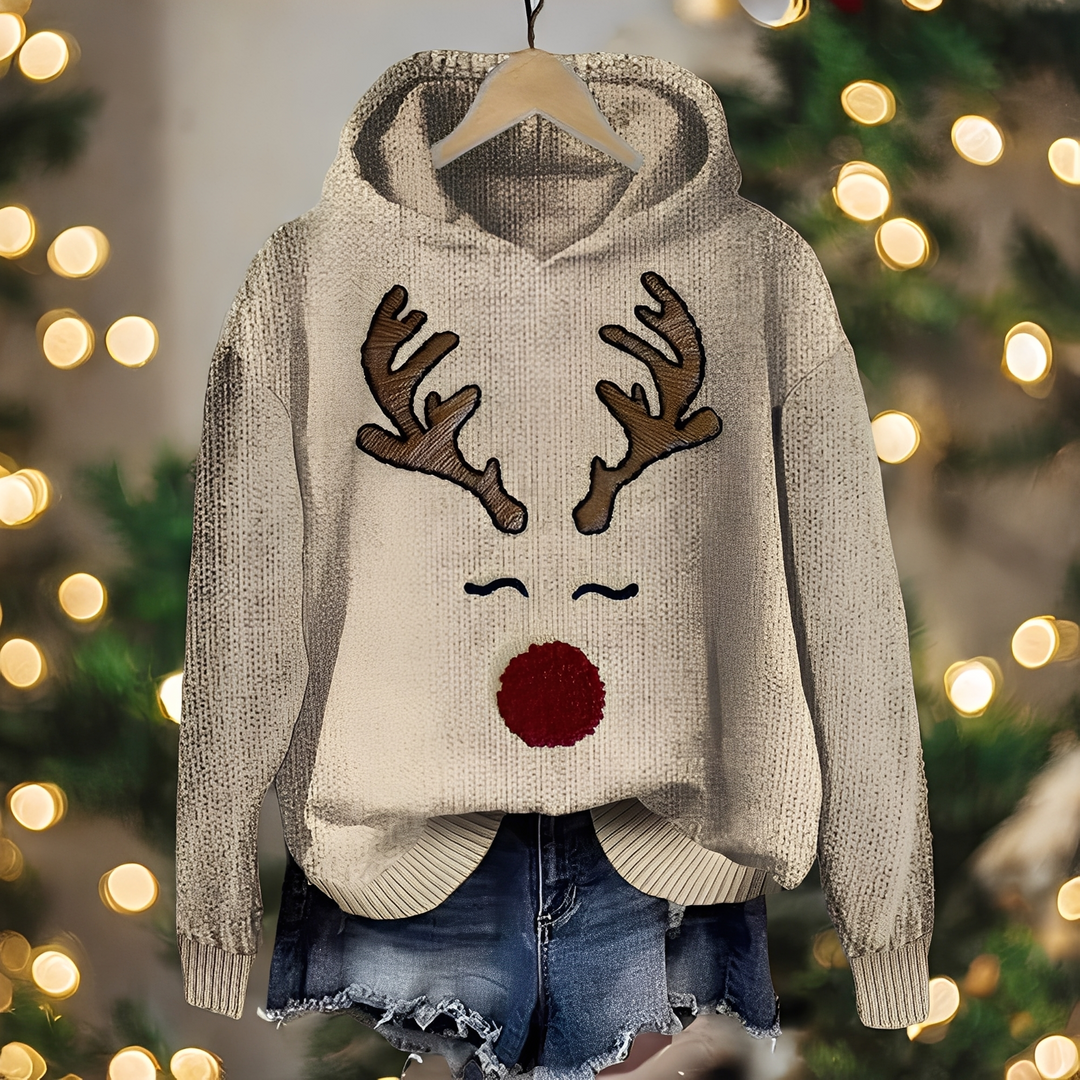 Hoodie feminino de Natal elegante com estampa festiva de rena, cor caqui, perfeito para inverno e moda casual confortável.