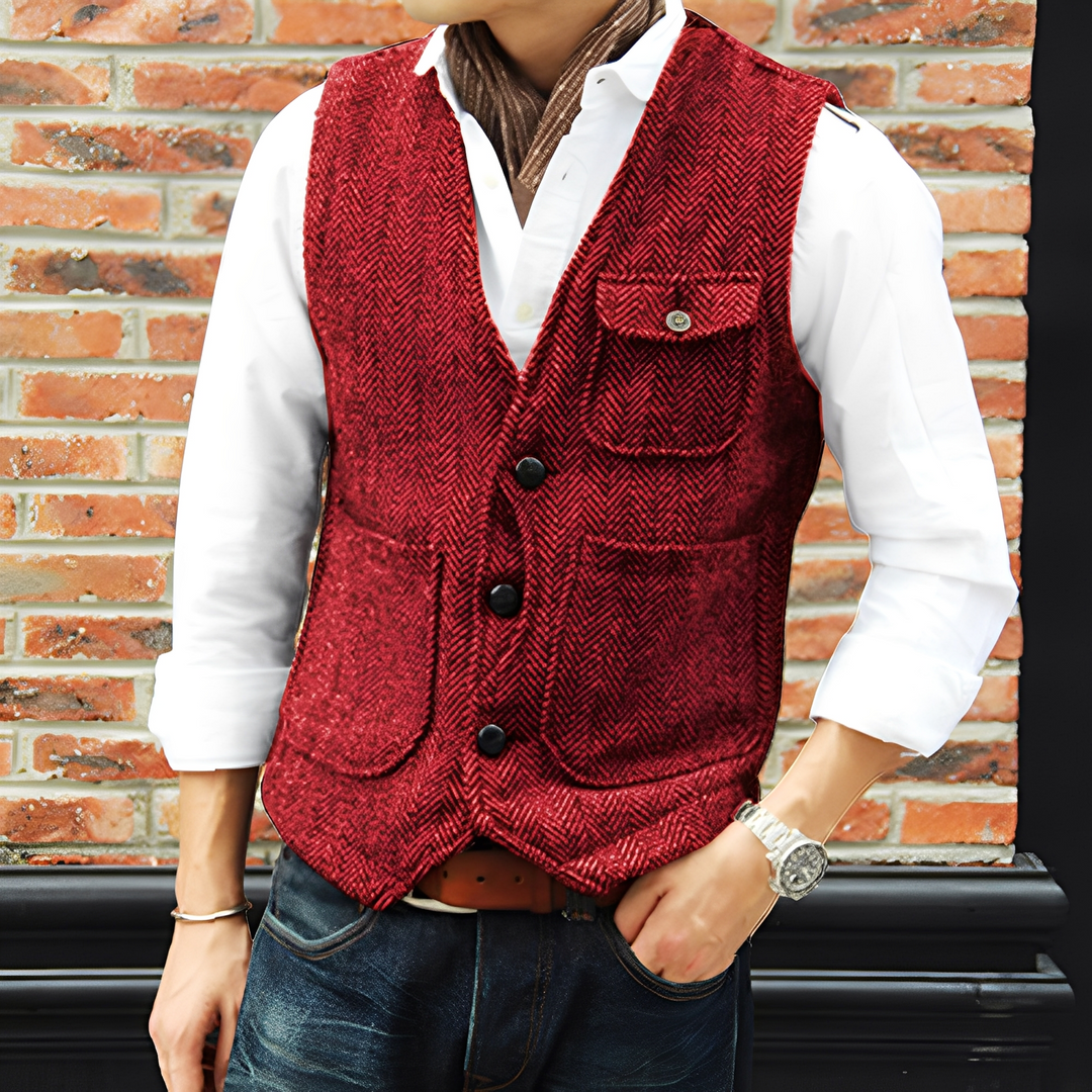 Colete masculino social de tweed azul, com botões e bolsos, perfeito para um look elegante.