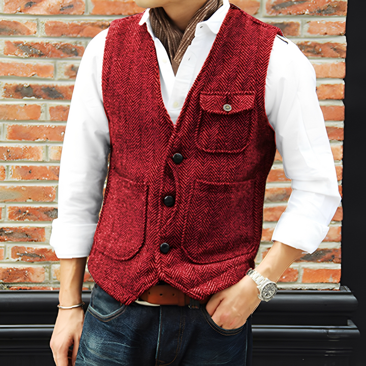 Colete masculino social de tweed azul, com botões e bolsos, perfeito para um look elegante.