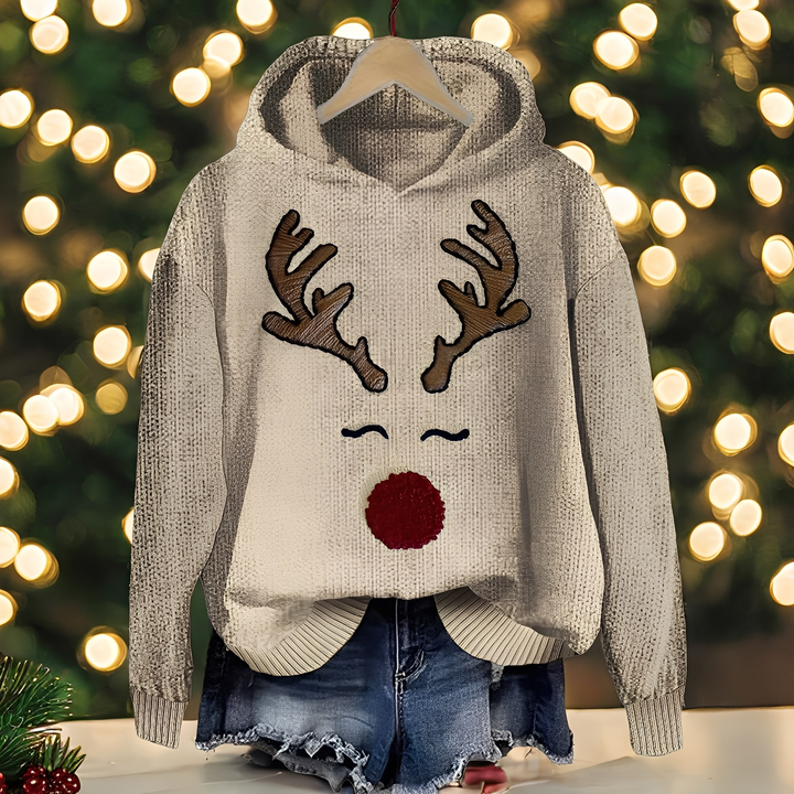 Hoodie feminino elegante de Natal, cor caqui, com estampa de rena. Roupa natalina confortável e estilosa para o inverno.