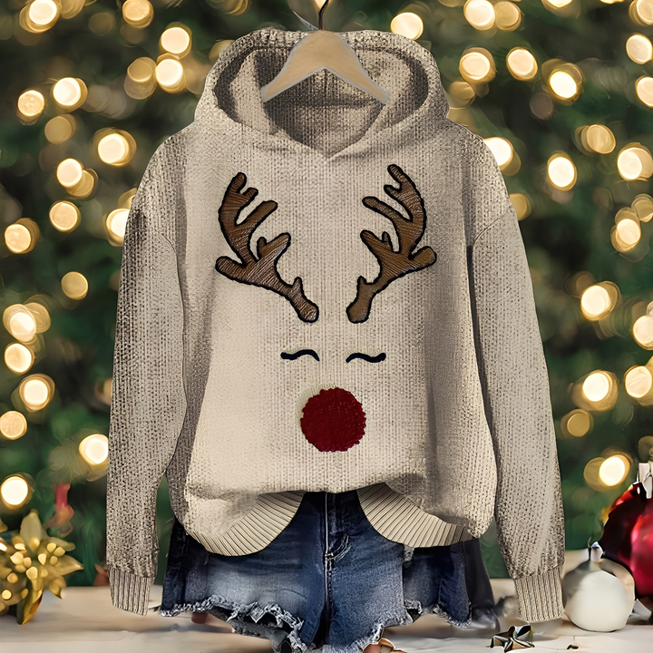 Agasalho feminino caqui para o inverno, hoodie de Natal com estampa festiva de rena, ideal para looks casuais e aconchegantes.