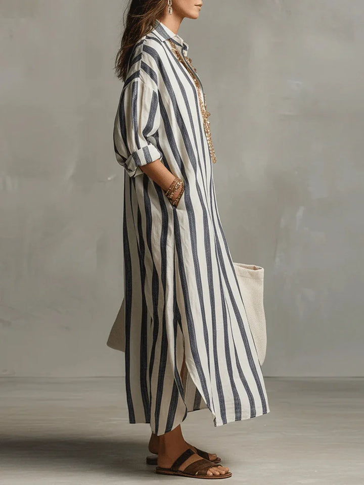 Vestido longo feminino elegante, perfeito para a moda verão. Roupa casual chic e descontraída para mulher.