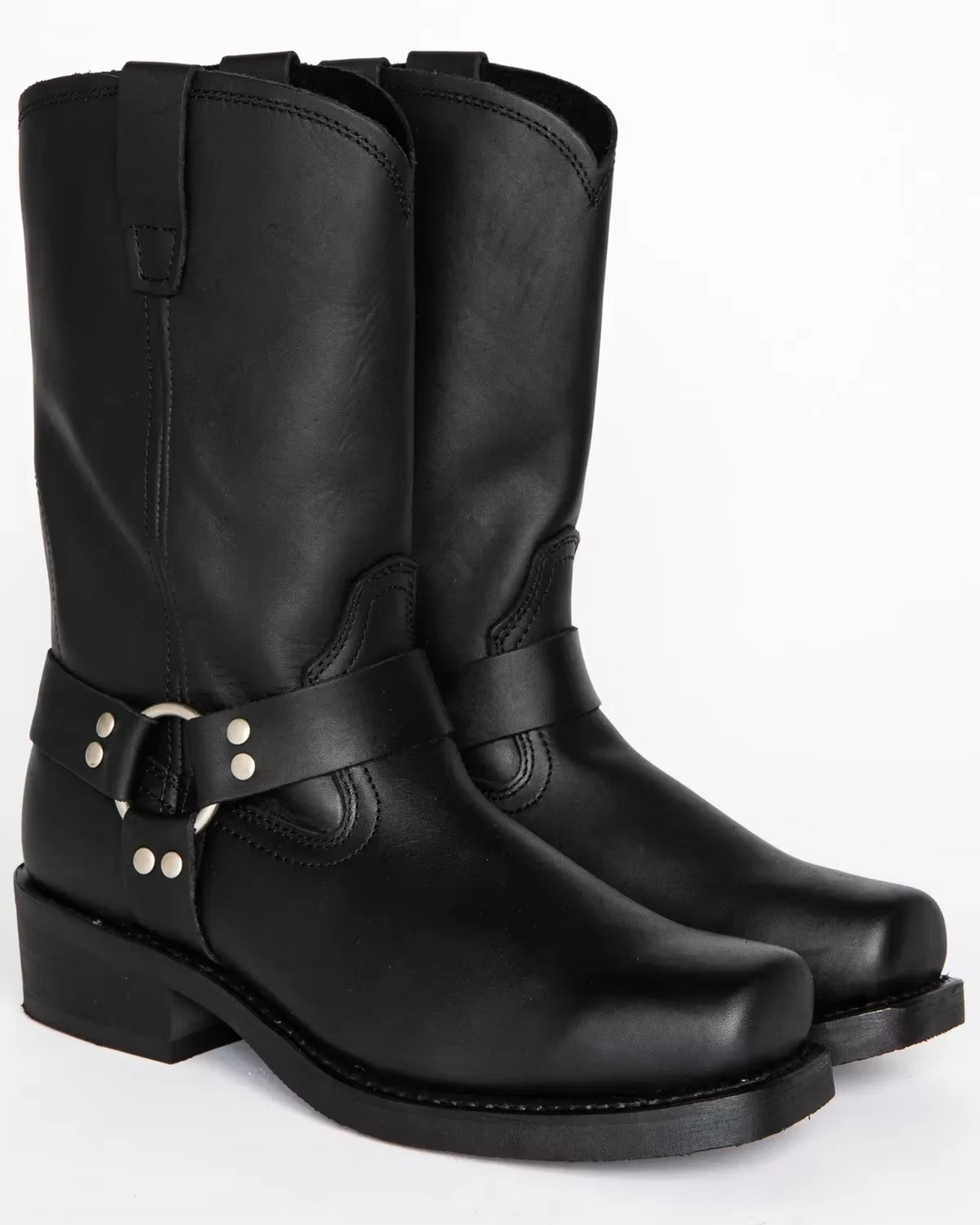 Botas masculinas casuais de couro, estilo vaqueiro, altura média, sem cadarço, confortáveis para o dia a dia.
