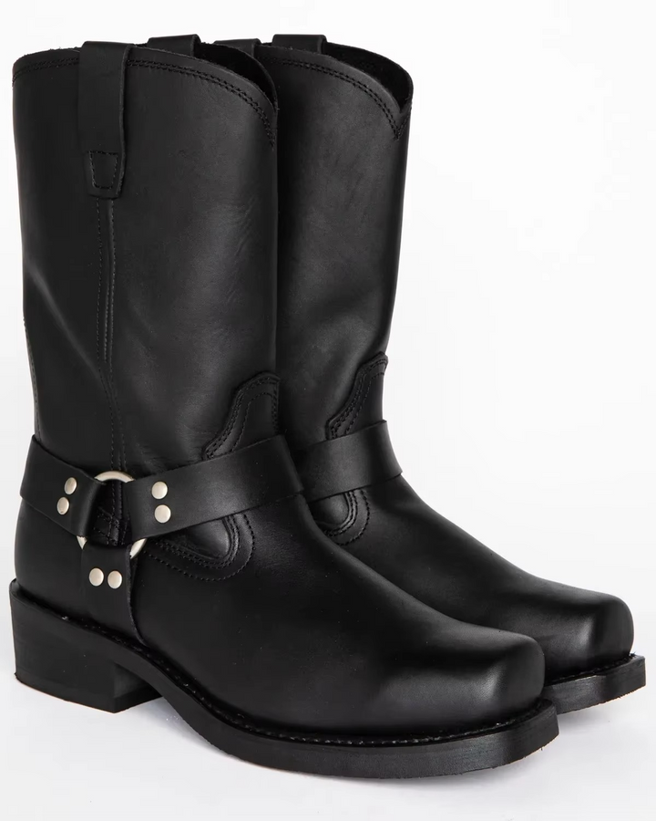 Botas masculinas casuais de couro, estilo vaqueiro, altura média, sem cadarço, confortáveis para o dia a dia.