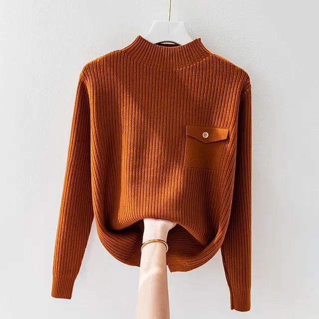 Suéter feminino elegante Roselyn, peça chave para moda inverno, combinando estilo e conforto diário.