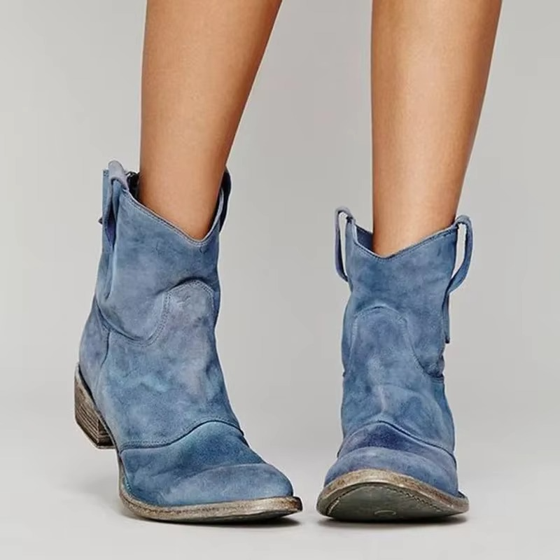 Botas ocidentais femininas cano curto, bico fino, salto baixo. Estilo western, perfeitas para outono inverno.