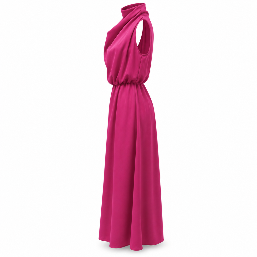 Vestido midi elegante com gola alta drapeada e cintura definida. Peça chave da moda feminina.
