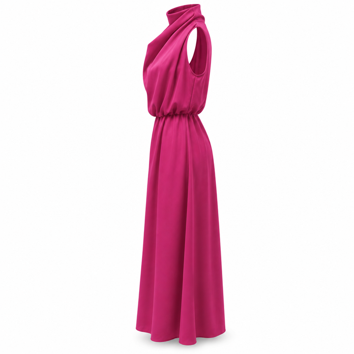 Vestido midi elegante com gola alta drapeada e cintura definida. Peça chave da moda feminina.