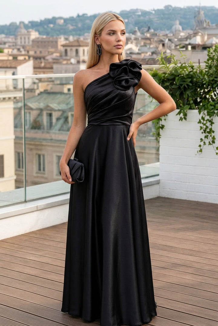 Vestido de noite feminino elegante, estilo um ombro só, detalhe rosa maxi. Ideal para cerimónias e moda festa.