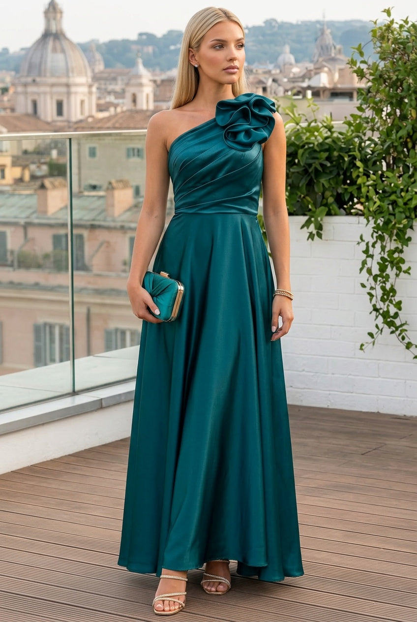 Vestido longo feminino para festa, um ombro só com detalhe de rosa maxi. Design elegante para cerimónias e eventos.