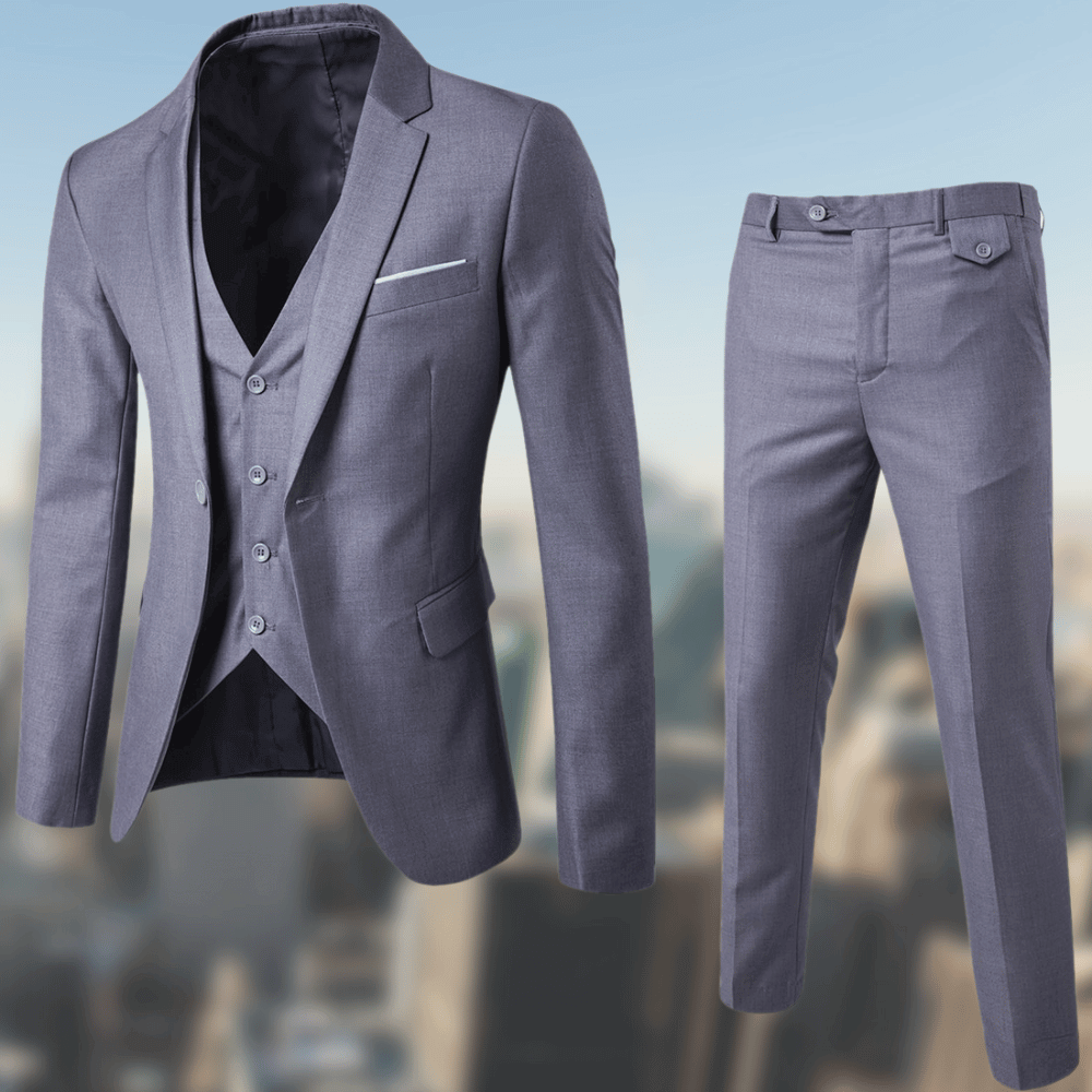 Terno masculino elegante preto para ocasiões formais e casuais. Conjunto social versátil de paletó e calça.