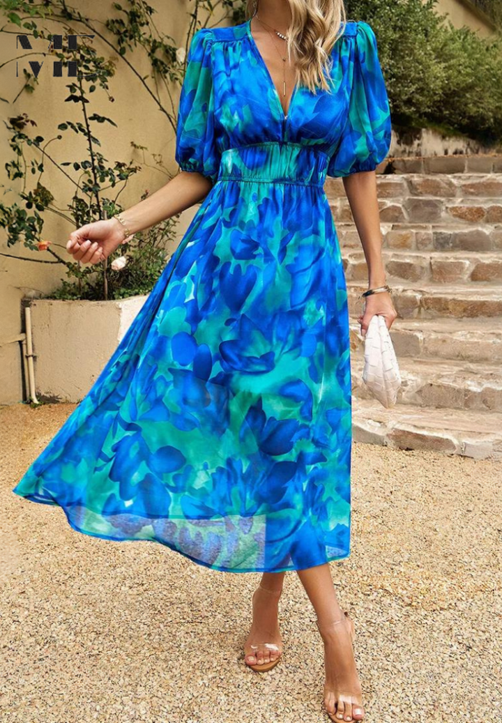 Vestido confortável com efeito modelador, estampa vibrante, para look casual moderno.