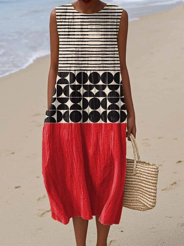 Vestido de verão feminino leve e fluido sem mangas, ideal para praia, viagem ou look casual.