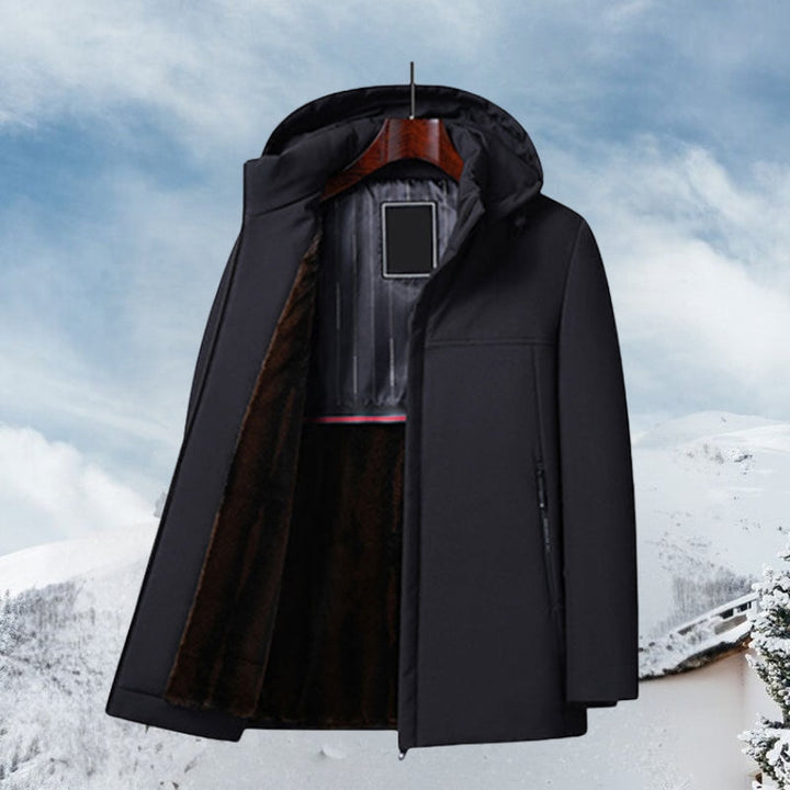 Casaco masculino Limbert de inverno com textura aconchegante, capuz e zíper, para conforto e estilo casual.