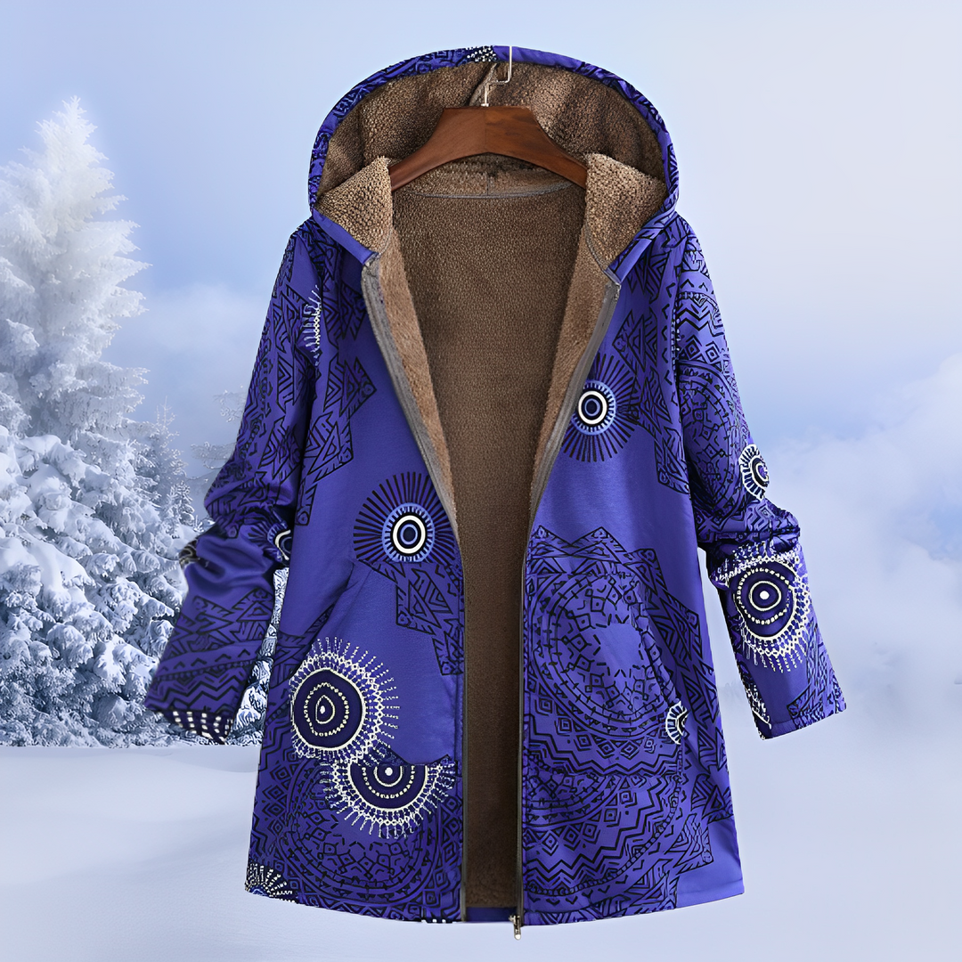 Jaqueta feminina de inverno com capuz, design moderno e toque estiloso.