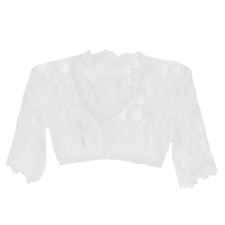 Traje típico feminino elegante: blusa Dirndl para Oktoberfest, com renda delicada e decote charmoso, moda festa.