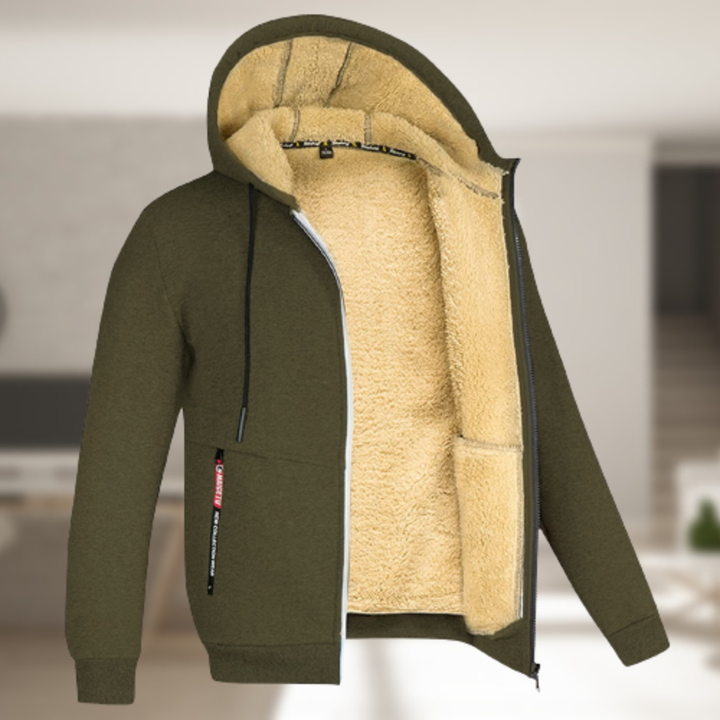 Roupa de frio masculina elegante, com capuz, oferece proteção e segue a moda de inverno.