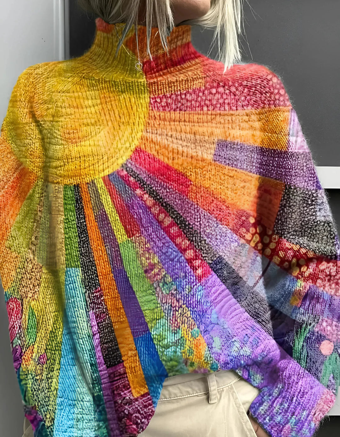 Suéter feminino gola alta colorido e confortável. Peça vibrante e casual para outono/inverno, ideal para looks de moda.