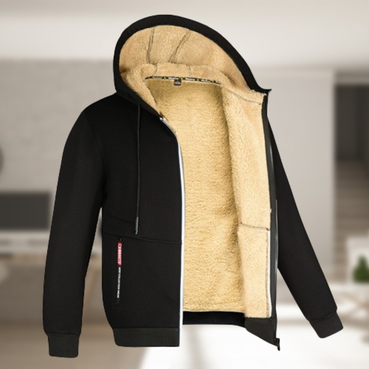Agasalho masculino para inverno rigoroso, com capuz e design funcional para o dia a dia.