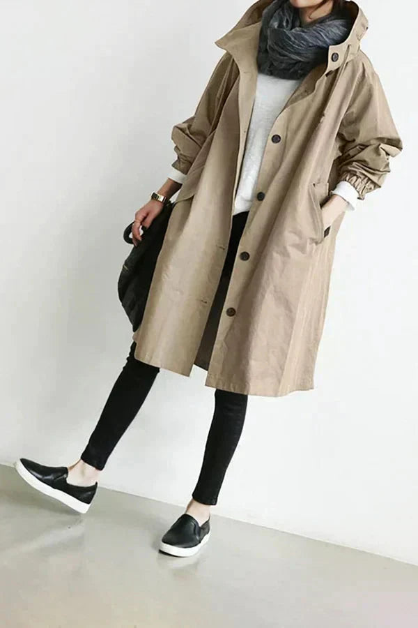 Sobretudo feminino elegante oversized com capuz, versátil. Jaqueta de outono/inverno para proteção chuva.