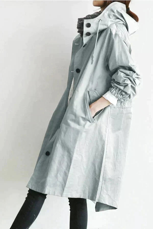 Jaqueta feminina oversized de inverno/outono, com capuz estiloso. Sobretudo elegante para moda casual.