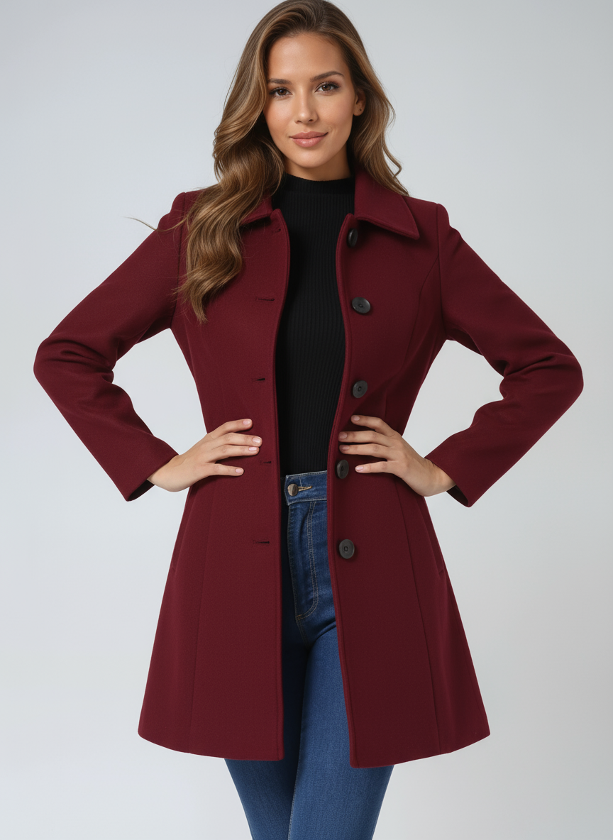 Sobretudo feminino de inverno, estilo chique e moderno, com detalhe de um botão frontal.