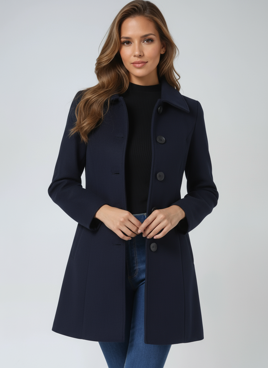 Sobretudo feminino cinza de inverno, design moderno e elegante com um botão.