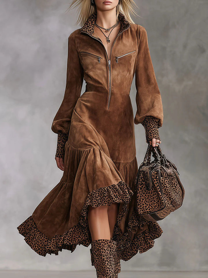 Vestido feminino midi leopardo castanho com zíper, elegante e confortável para outono/inverno.