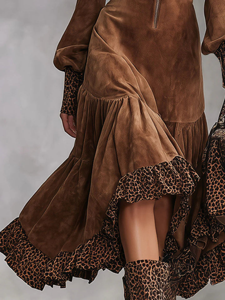 Vestido feminino midi de leopardo castanho, com zíper. Estilo único, ideal para outono e inverno.