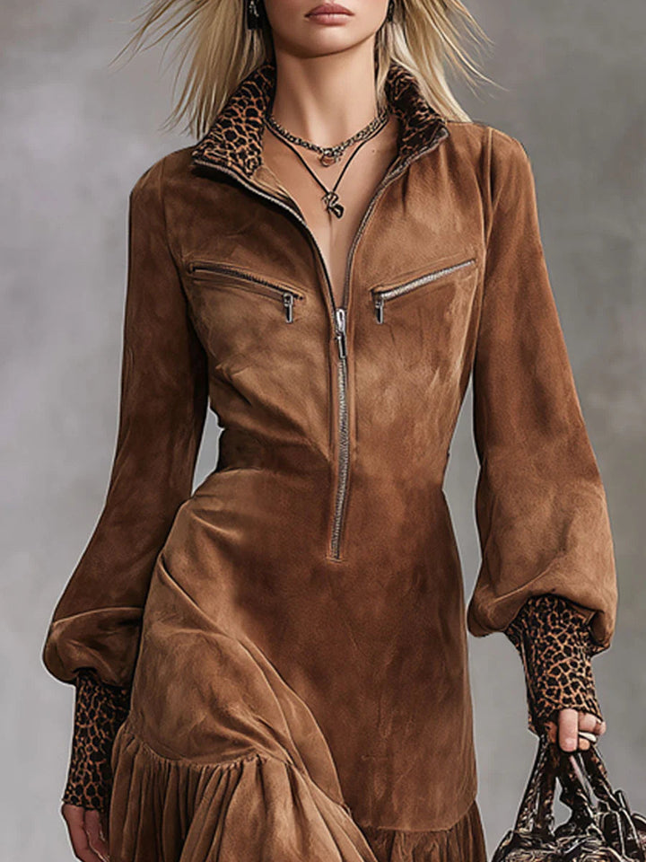 Vestido midi estampado de leopardo, feminino e chic, com zíper frontal. Perfeito para o outono casual.