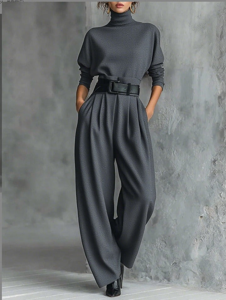 Conjunto de gola alta e calças retas para mulher, em cinza, castanho e preto. Conforto e estilo para qualquer ocasião.