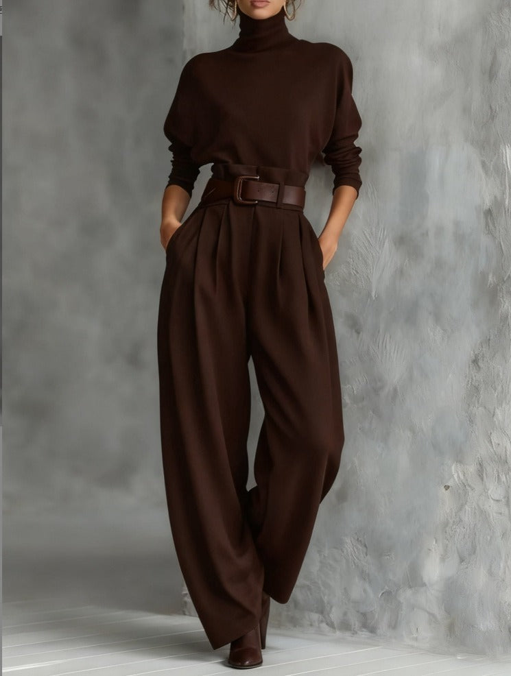 Moda casual elegante: conjunto feminino de gola alta e calças retas. Peças versáteis para outono/inverno, look diário.